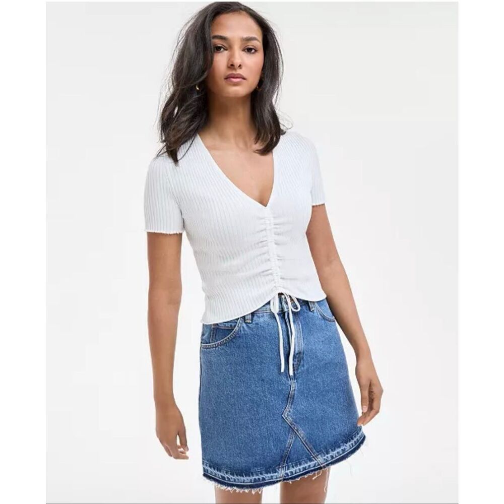 HUGO BOSS Ruched Slisera V-Neck Short-Sleeve Top Natural XS